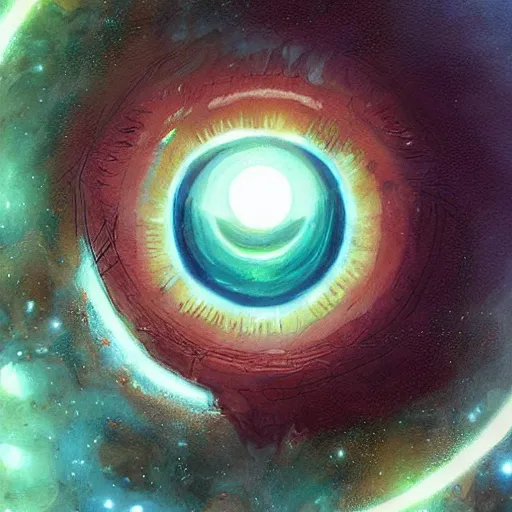 Image similar to A floating, cosmic Eyeball, 8k by artgerm and greg rutkowski