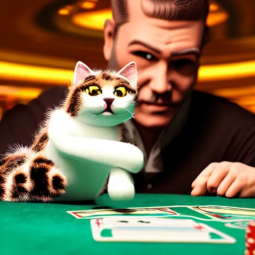 Prompt: man holding a toy cat and a spoon, sitting at a blackjack table, casino, las vegas, 8 k, highly detailed, photo realistic, unreal engine