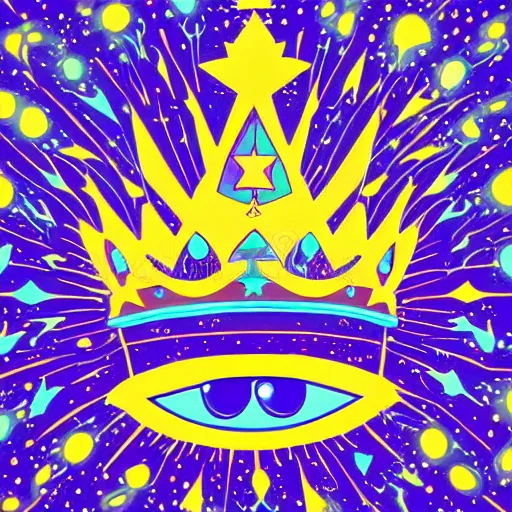 Prompt: a glowing crown sitting on a table with one beautiful eye mounted on it like a jewel, stars on top of the crown, night time, vast cosmos, geometric light rays, bold black lines, flat colors, minimal psychedelic 1 9 9 0 s magazine illustration