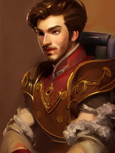 Image similar to a noble man smirking with flirty eyes. relaxed in his chair with crossed arms. intricate, elegant, highly detailed, digital painting, artstation, concept art, sharp focus, illustration, by justin gerard and artgerm, 8 k