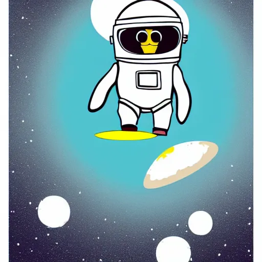 Image similar to cute astronaut penguin with helmet on, floating on space, minimalist cartoon style