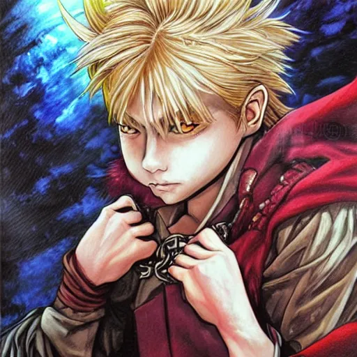 Image similar to an epic fantasy comic book style portrait painting of a young blonde boy thief in the style of yoshitaka amano