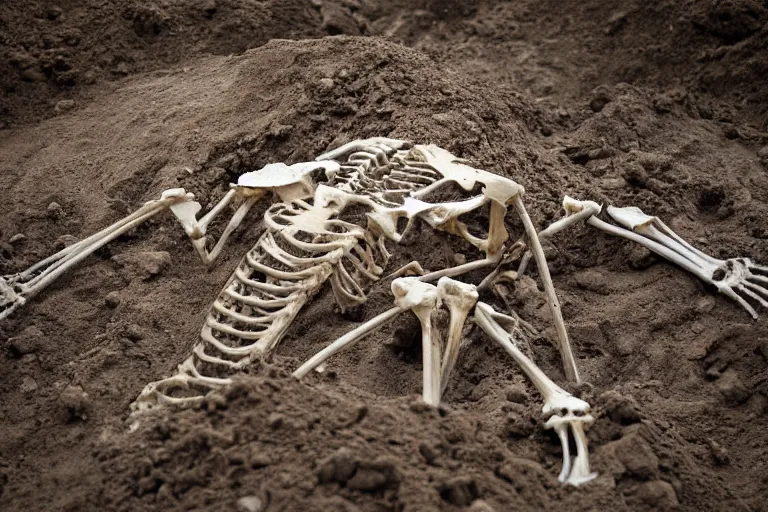 Image similar to Fossilized armored goddess skeleton being excavated from the ground. 8k