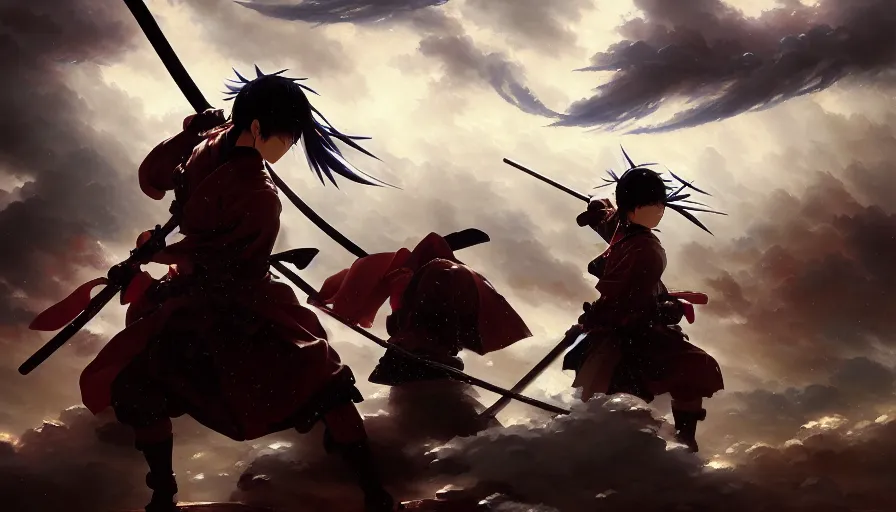 Image similar to baroque oil painting of key visual samurai war, rain, storm, fake detail, trending pixiv fanbox, acrylic palette knife, style of makoto shinkai takashi takeuchi yoshiyuki sadamoto greg rutkowski chiho aoshima, artstation