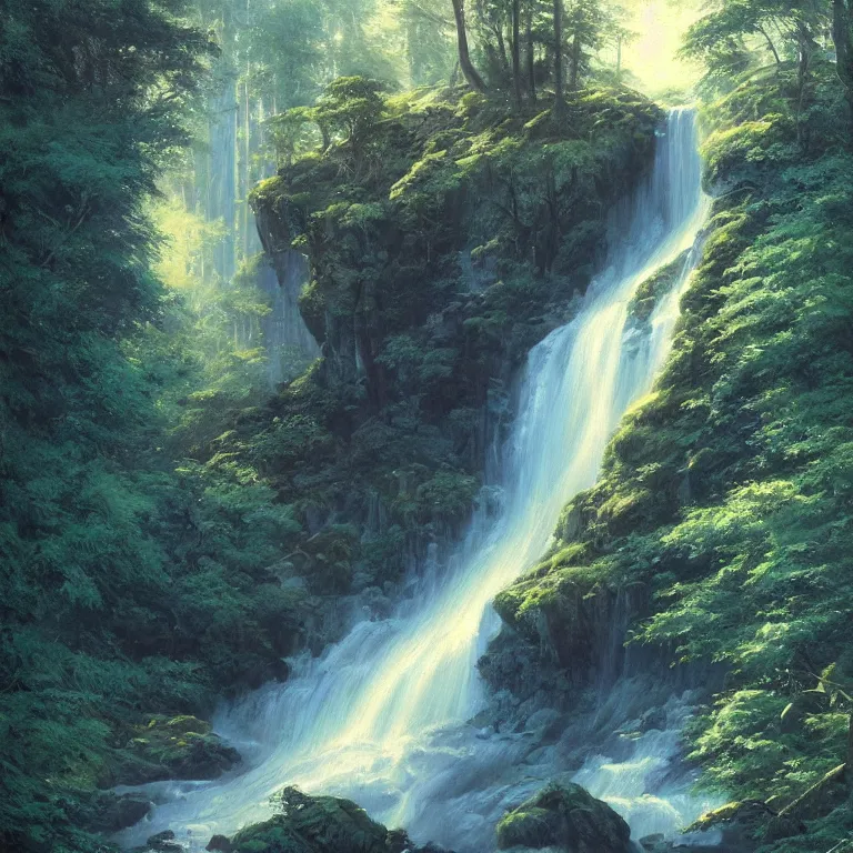 Image similar to A beautiful oil painting of a very tall waterfall on a very rocky cliff, in the middle of a huge forest of trees with bright blue glowing leaves, by Greg Rutkowski