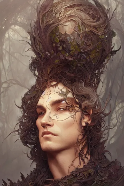 Prompt: up close portrait of a male wood fae, d & d, face, fantasy, intricate, elegant, highly detailed, digital painting, artstation, concept art, smooth, sharp focus, illustration, art by artgerm and greg rutkowski and alphonse mucha