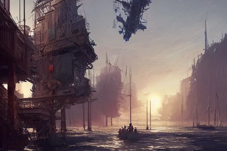 Prompt: a man and his son are looking up, as flying sailboats fly between the buildings, solarpunk, intricate, concept art, artstation, by greg rutkowski, dramatic lighting