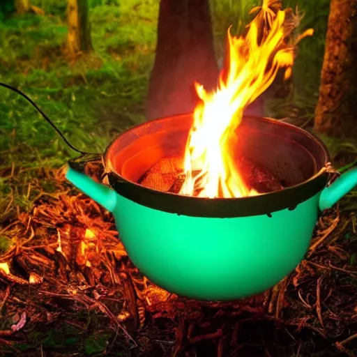 Prompt: a cauldron filled with a magical green glowing potion hanging above a campfire, night, fantasy