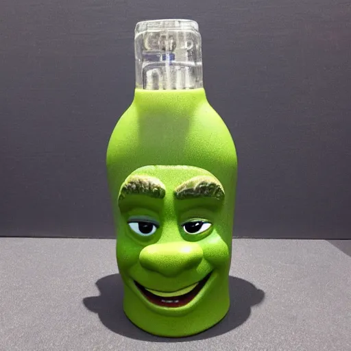 Image similar to a children's bottle inspired and themed in shrek's design, a bottle n the shape of shrek, high quality product, product design, sherek head design as a bottle,