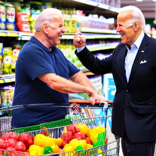 Image similar to Joe Biden punching a fat man at the supermarket, 8K, high quality, highly detailed