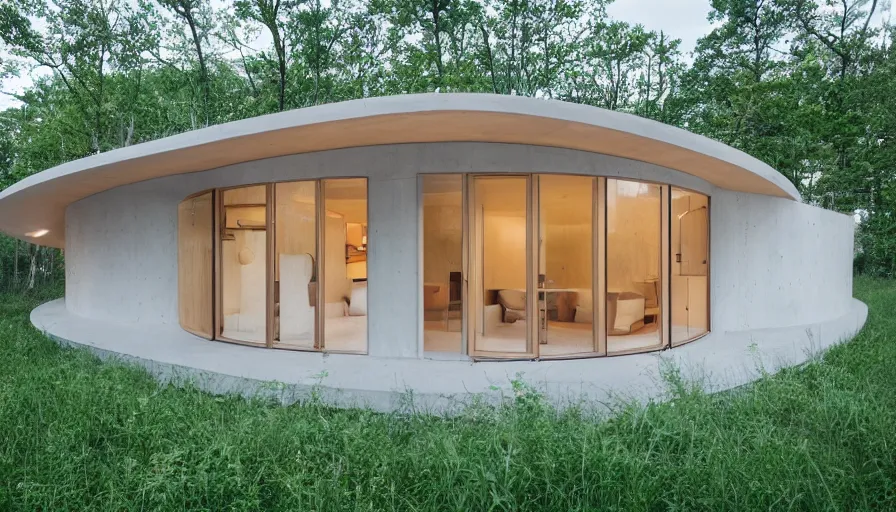 Image similar to A wide image of a full innovative contemporary prefab cabin with rounded corners, beveled edges, 3D printed line texture, made of cement, organic architecture, Designed by Gucci, Balenciaga, and Wes Anderson