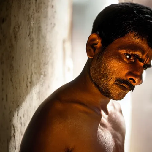 Image similar to a dramatic portrait of worker from india, cinematic lighting