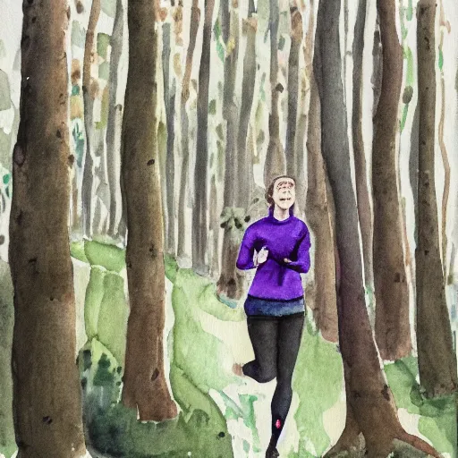 Image similar to a female orienteer wearing a green long - sleeved shirt and black tights runs in the forest, watercolor on canvas.