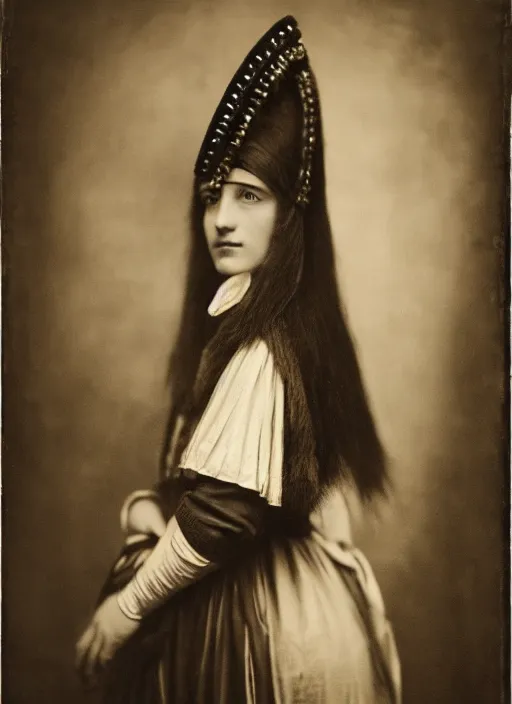 Image similar to portrait of young woman in renaissance dress and renaissance headdress, art by august sander