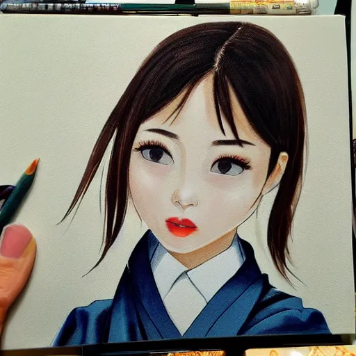 Image similar to a pretty young girl of 2 5, japanese, with big eyes, short shoulder - length hair and a suit ， paintingby sam yang