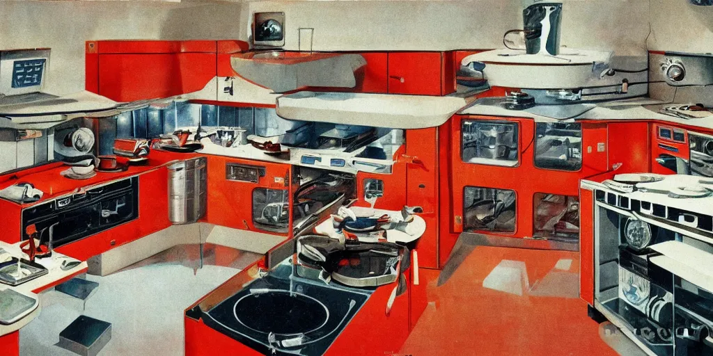 Image similar to soviet retro - futuristic kitchen, space station