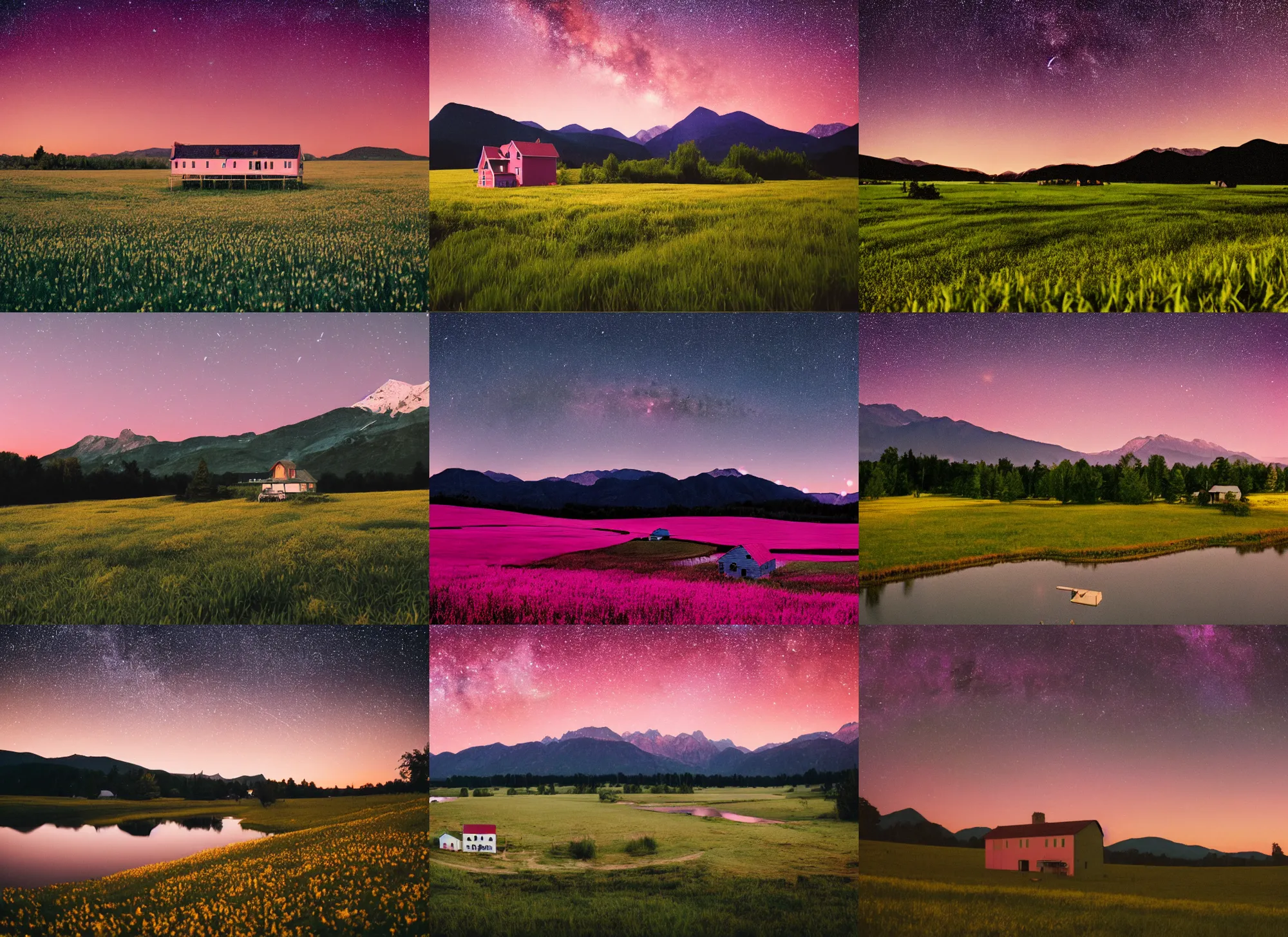 Prompt: still frame from a wes anderson movie of a meadow with a small pink farm house with a river and mountains, at dusk with the milky way stars, 1 6 mm f 1. 4 lens, nikkor, canon, sigma, award - winning landscape photography