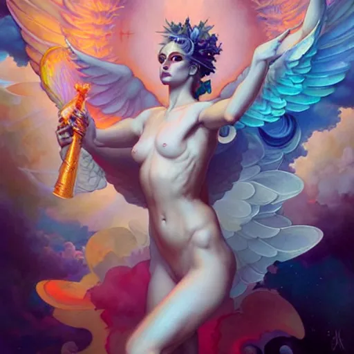 Image similar to psychedelic angelic celestial being artwork of peter mohrbacher, frank xavier leyendecker, energy body, sacred geometry, esoteric art, divinity detailed, saturated colors,