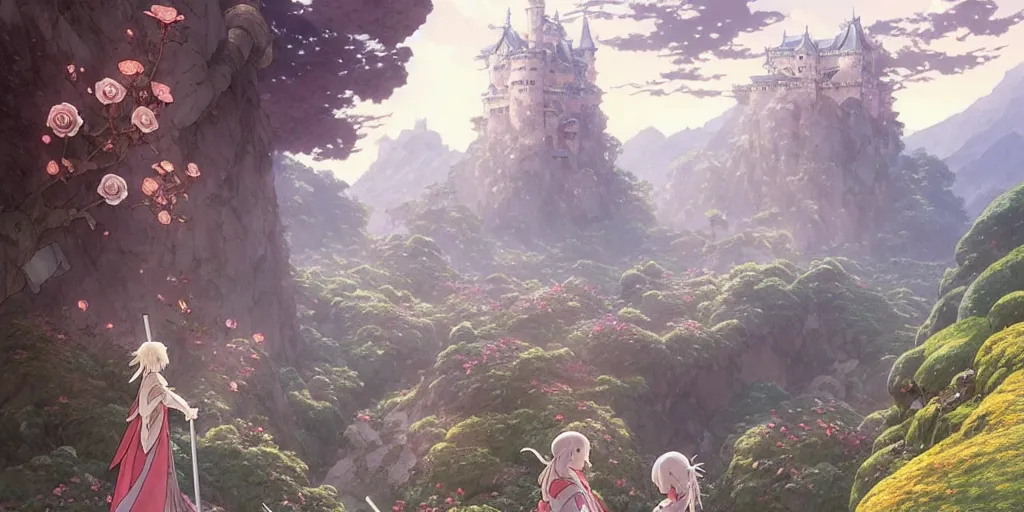 Image similar to the knight and the sword of rose petal, anime, castle core, mountains, rocky roads. by hayao miyazaki and rossdraws and artgerm and greg rutkowski and alphonse mucha and studio ghibli. high quality, stunning, intricate detailed environment. 8 k