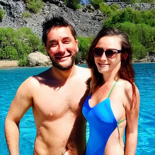 Image similar to photo of a 4 0 year old man that looks young for his age dating a very attractive 2 2 year old woman wearing a bikini. they are swimming.