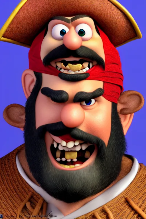 Image similar to portrait of the pirate blackbeard. pixar disney 4 k 3 d render funny animation movie oscar winning trending on artstation and behance. ratatouille style.
