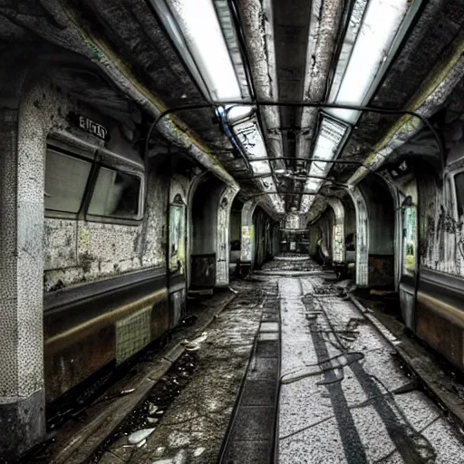 Prompt: An abandoned futuristic subway station with an old decaying cyberpunk train, overgrown, sunlight, digital art, award winning