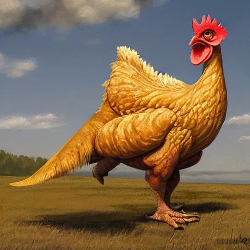 Prompt: a chicken dinosaur , artwork by James Gurney