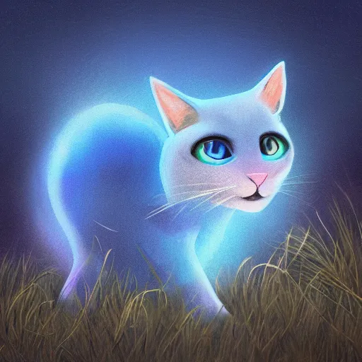 Prompt: illustration of glowing adorable blue cat in grassy field, tree, detailed concept art, artstation, warrior cats, shading,