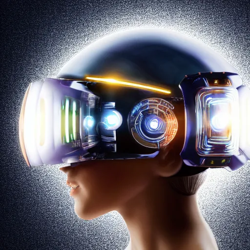 Image similar to centered medium shot fine studio photograph of a young woman wearing only a futuristic mecha Mayan helmet with bright lights, ultra-realistic, white background, 8k HDR, intricate