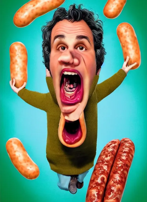 Prompt: hyperrealistic mark ruffalo screaming on a dartboard surrounded by big fat frankfurter sausages with a trippy surrealist mark ruffalo screaming portrait by aardman animation and norman rockwell, mark ruffalo dartboard with hot dogs
