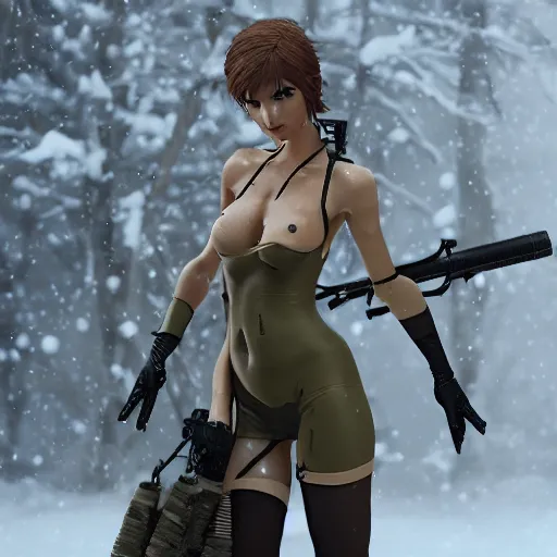 Image similar to quiet from metal gear solid v, caught in a snow blizzard, holding a torch,