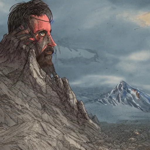 Image similar to man with scars exploring a land where he got a mountain like the mordor to explore, gege akutami style, overdetailed art, realistic, colorfull,