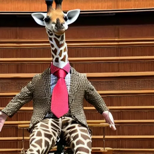 Image similar to a giraffe with a tie and pants on the spanish congressional stage