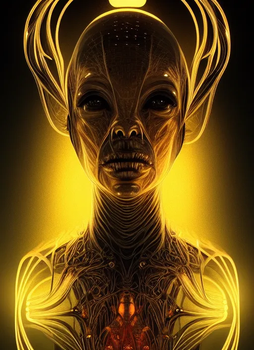 Image similar to symmetry!! portrait of grotesque alien, sci - fi horror, glowing lights!!, intricate, elegant, dark design, highly detailed, dark lighting, digital art, digital painting, artstation, smooth, sharp focus, illustration, art by artgerm and h r giger and greg rutkowski and alphonse mucha, 8 k