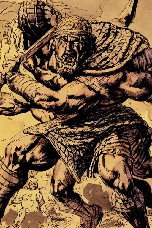 Image similar to ancient historically accurate depiction of the Bible Character Goliath of Gath, the Philistine warrior giant by frank miller