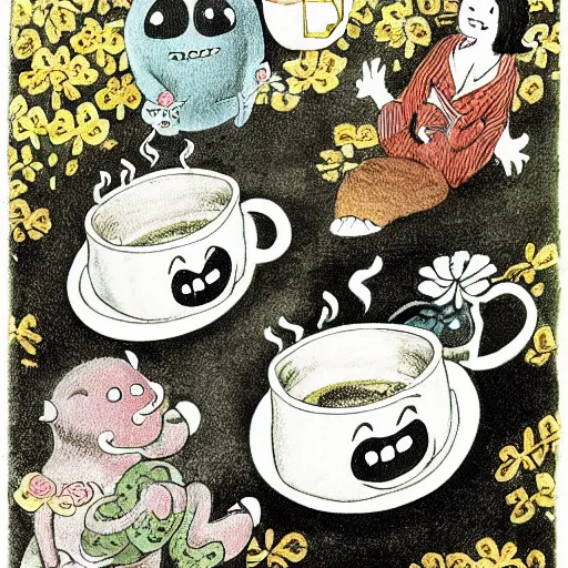 Image similar to highly detailed illustration of friendly monsters laughing and dancing around beautiful steaming cups of coffee, amongst coffee beans and flowers, and rainbows in the style of Japanese illustration, Maurice Sendak, Tove Jansson