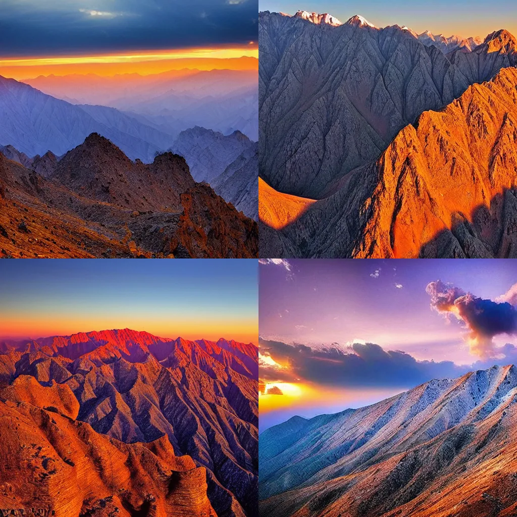 Prompt: An incredible photograph of the Alborz mountain ranges in Iran, Persia, sunset