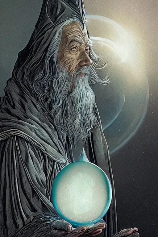 Prompt: gandalf the wizard in a hooded cloak gazing into a crystal ball, high details, intricately detailed, by vincent di fate, artgerm julie bell beeple, inking, screen print