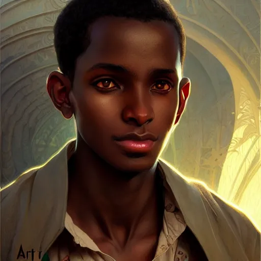 Image similar to illustration of a sudanese boy, d & d, fantasy, intricate, elegant, highly detailed, digital painting, artstation, concept art, smooth, sharp focus, illustration, art by artgerm and greg rutkowski and alphonse mucha