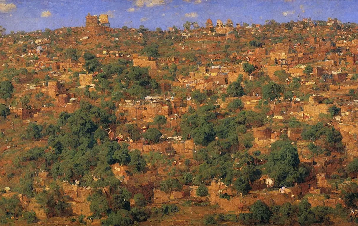 Prompt: tall wall surrounding small town of abeokuta in nigeria from above, 1885, bright colors oil on canvas, by Ilya Repin