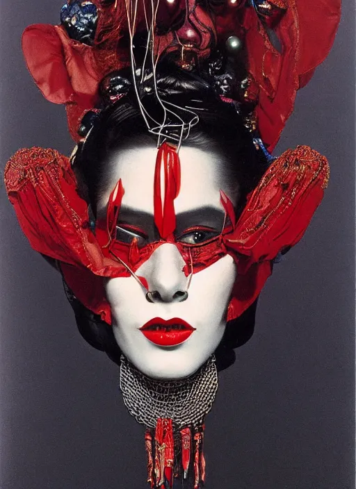 Image similar to an 8 0 s portrait of a woman with dark eye - shadow and red lips with dark slicked back hair, a mask made of wire and hanging beads, dreaming acid - fueled hallucinations, psychedelic by serge lutens, rolf armstrong, delphin enjolras, peter elson, red cloth background, frilled ruffled collar