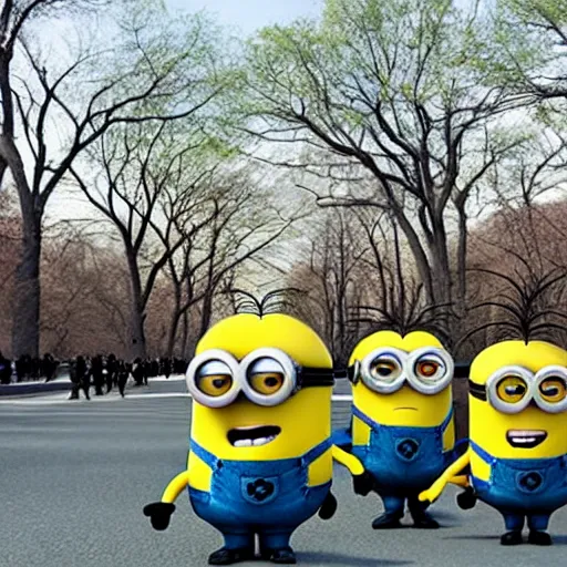 Image similar to the minions walking through central park with Gru in pixar style