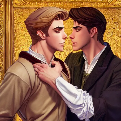 Prompt: attractive fully clothed king confesses his love for his attractive fully clothed male prince. highly detailed painting by glen keane and j. c. leyendecker 8 k