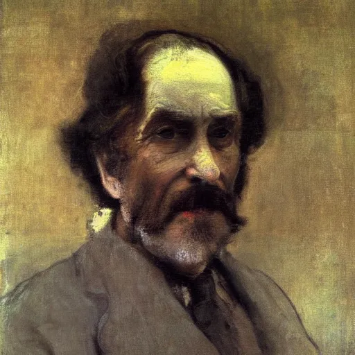 Image similar to detailing character concept portrait of old man by James McNeill Whistler, on simple background, oil painting, middle close up composition