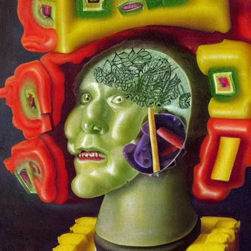 Image similar to a vintage robot head made out of jello aspic salad by giuseppe arcimboldo, oil on canvas