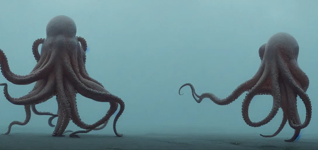 Prompt: an octopus in the shape of a clown, foggy, cinematic shot, photo still from movie by denis villeneuve, wayne barlowe