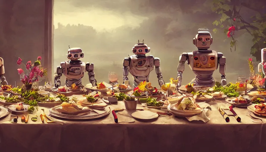 Prompt: a table dinner of robots where robots are dressed like the characters from the midsommar movie, cinematic, hyperdetailed, octane render, trending on art station, ultrarealistic