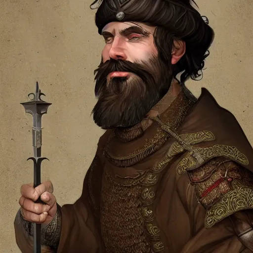 Image similar to 5 0 years old man : : brown hair, stubble beard : : decorated medieval clothing : : high detail, digital art, rpg, concept art, illustration