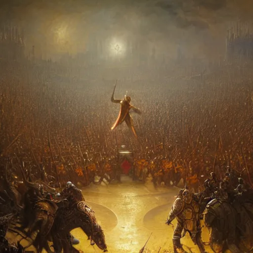 Image similar to artstation concept of a man in armor standing in a crowd gettig cheered, man with arms wide open, bright colorful, gold, hyperdetailed, artstation trending, world renowned artists, worth 1 0 0 0. com, historic artworks society, antique renewel, cgsociety, by greg rutkowski, by gustave dore, deviantart