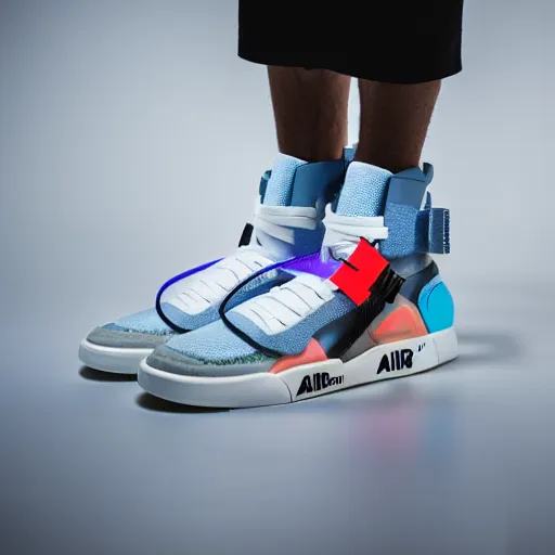 Image similar to a studio photoshoot of Nike Air Mag x Off-white sneakers designed by Virgil Abloh, leather and transparent knitted mesh material, glowing light outsole, realistic, color film photography by Tlyer Mitchell, 35 mm, Graflex